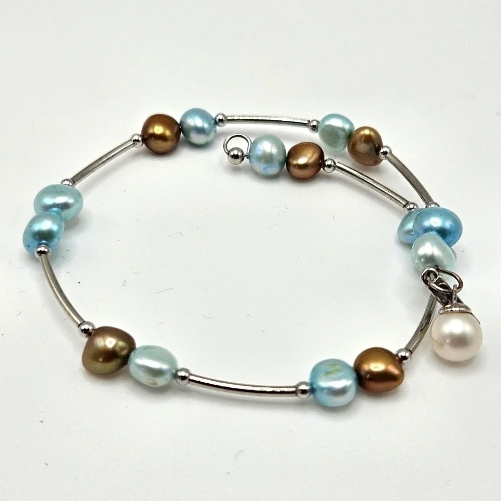 Vantel Pearls Blue Silver Tone Wrap Bracelet Signed